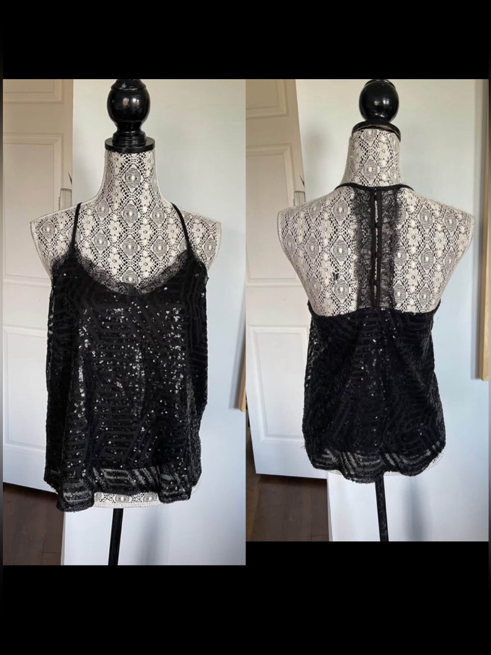 New Large Buffalo Sequin Eyelash Lace Trim Party Cami Tank Top. Black.
